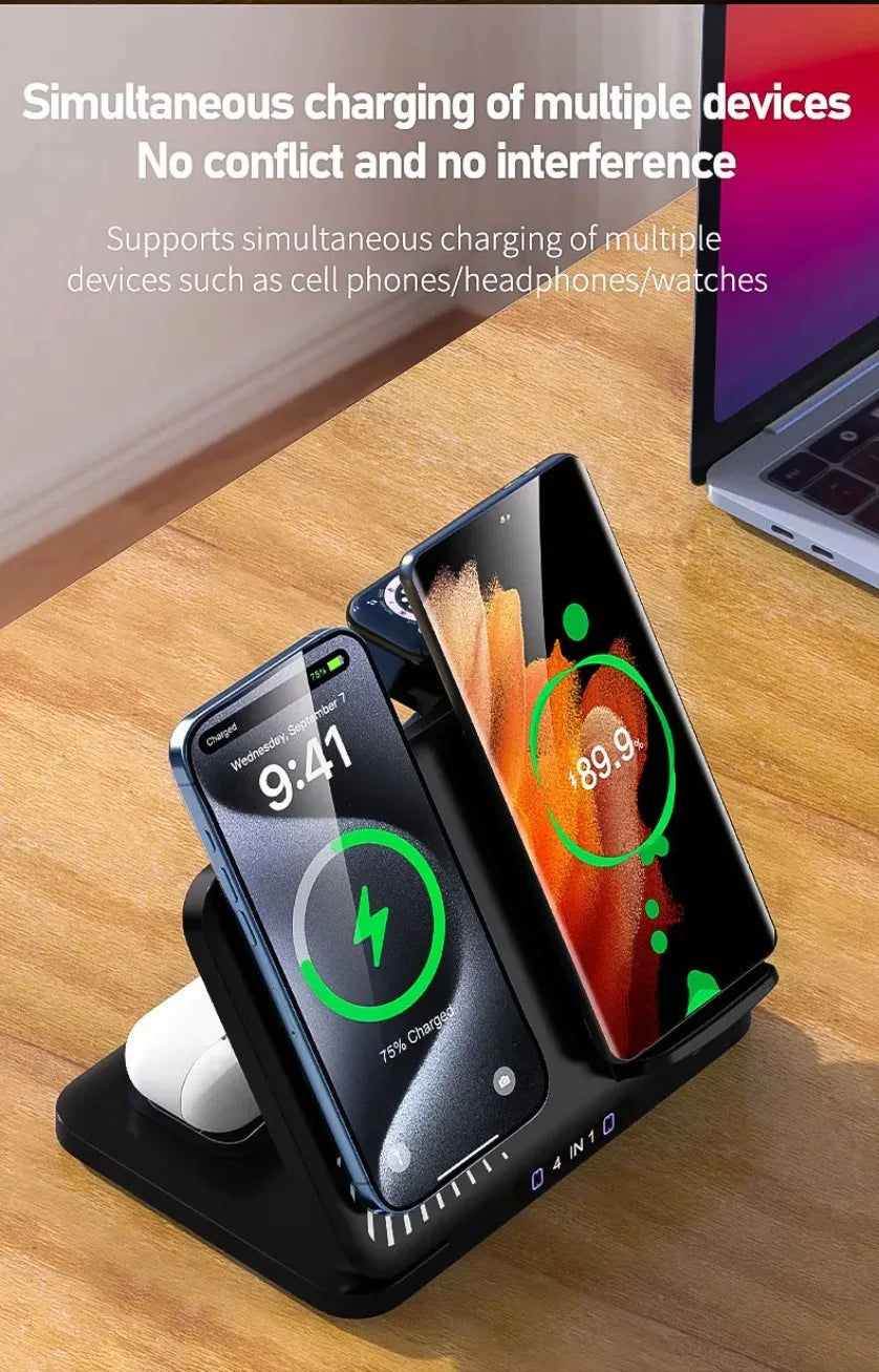 Cargador Inalámbrico 4 en 1 para Dos Teléfonos, Compatible con iPhone 17~12, Samsung S25, Xiaomi, Airpods Pro, Apple Watch 11~2, Carga Rápida Magnética