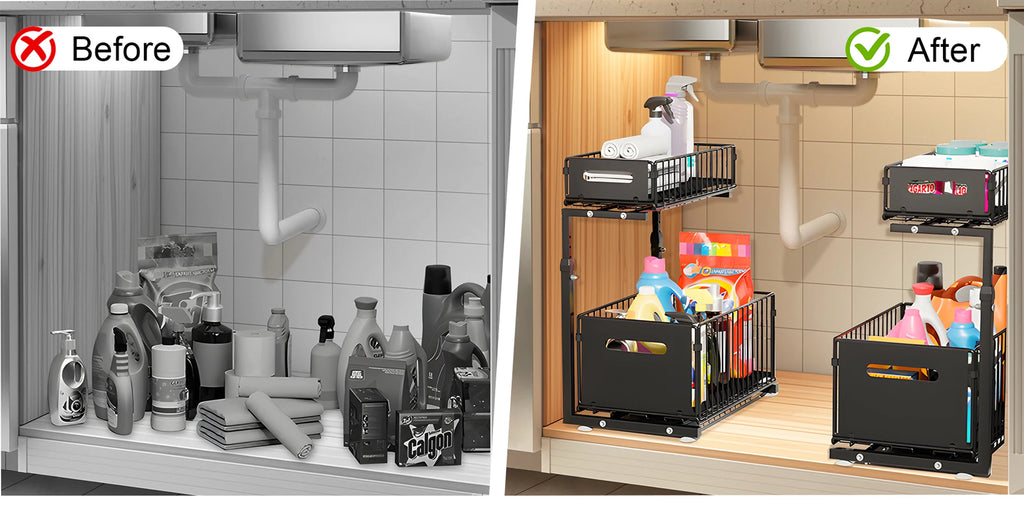 Organizador de gabinete extraíble de 2 niveles, estante de almacenamiento de cocina ajustable, organizador debajo del fregadero, estante de almacenamiento para tarros de especias, cajón deslizante