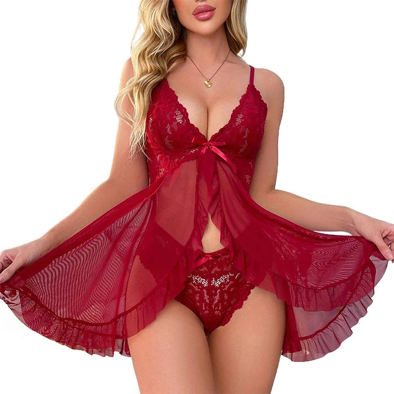 Babydoll Sexy de Encaje Floral con Bragas para Mujer