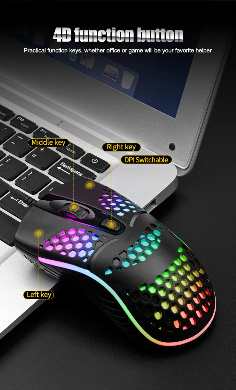 Ratón óptico con luz LED para juegos, Mouse ahuecado para ordenador portátil, escritorio, 4D, uso doméstico y oficina, 7 luces LED de respiración