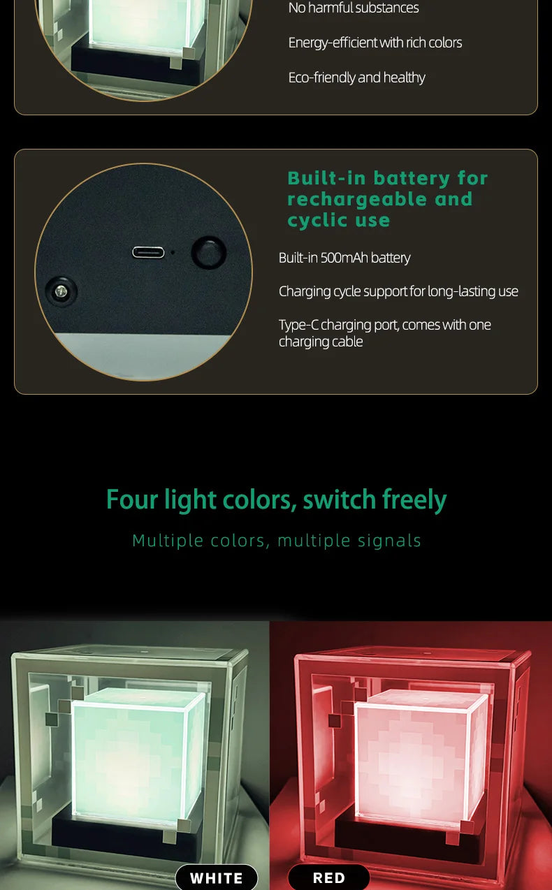 Lámpara de baliza estilo píxel, luz nocturna de escritorio, atmósfera de ordenador brillante, adorno de juego, regalo, iluminación decorativa recargable