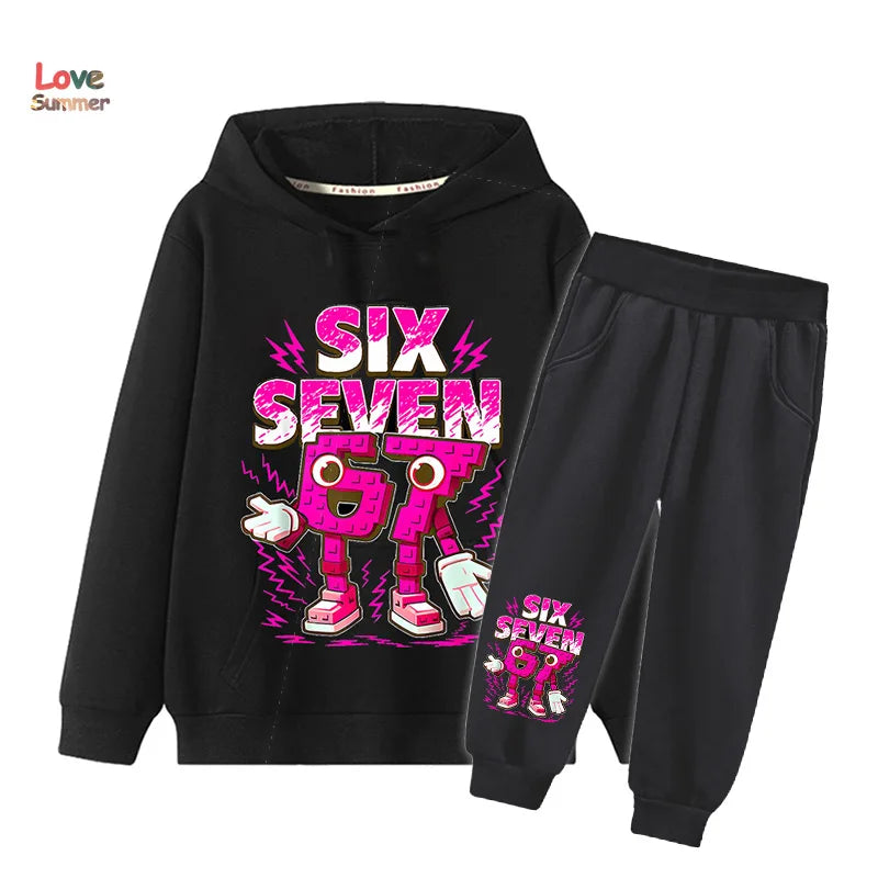 Conjunto de 2 Piezas de Sudadera con Capucha y Pantalones 67 Six Seven para Niños y Niñas, Sudadera Italiana Brainrot para Niñas, Traje Informal de 2 Piezas con Capucha para Bebés