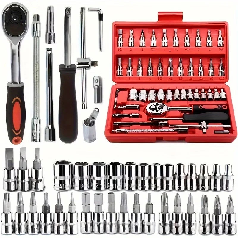 Juego de Herramientas de 150/46 Piezas, Kit de Reparación Automotriz y de Motocicletas - Acero al Cromo Vanadio Resistente, Incluye Llaves de Trinquete