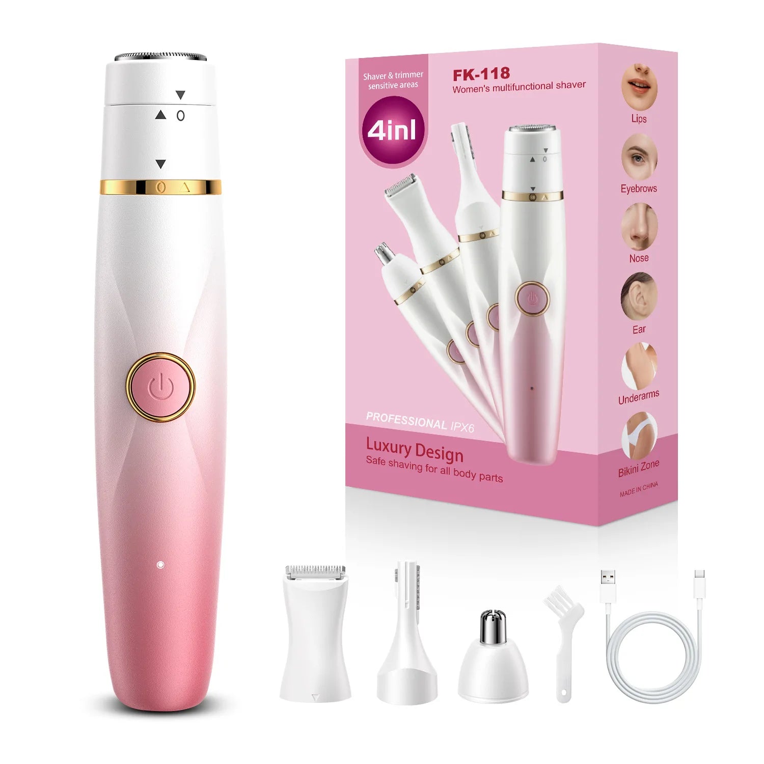 Maquinillas de afeitar eléctricas 4 en 1 para mujer, recortadora de vello recargable, portátil, para rostro, cuerpo, bikini, nariz, cejas, uso en seco y húmedo