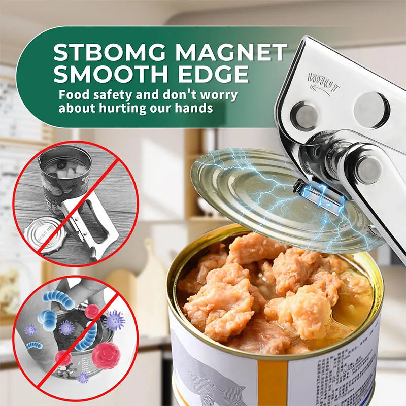 Abrelatas comercial, abrelatas con manivela Manual, abrelatas de mano resistente con borde liso para latas grandes con imán