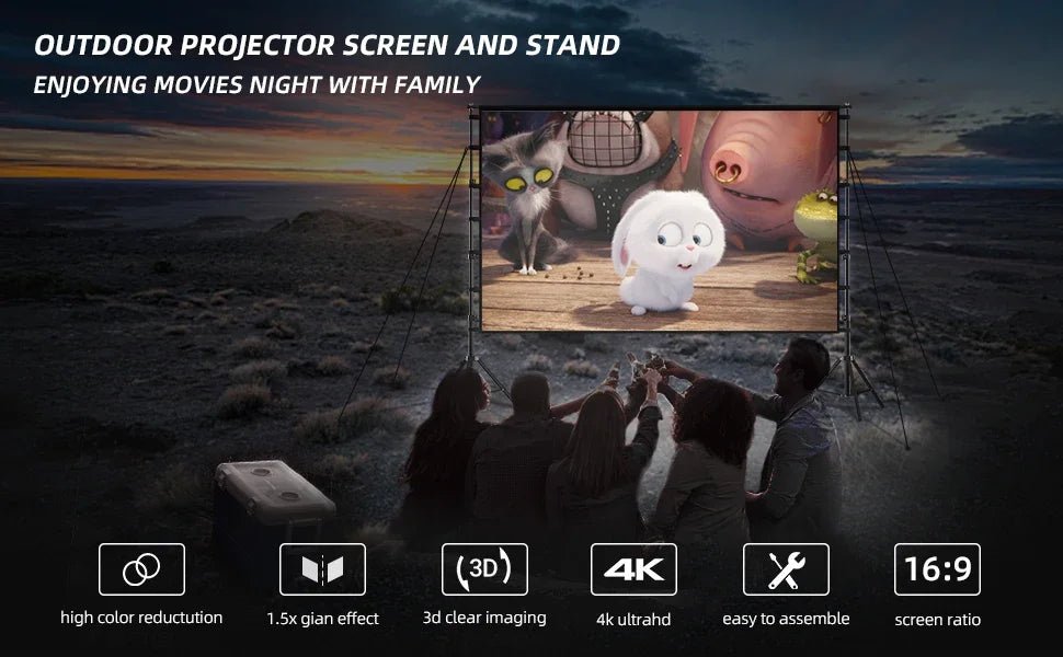 LEJIADA-Pantalla de proyector con soporte, pantalla blanca sin arrugas de 60-150 pulgadas, ángulo de visión de 160 °, doble cara, cine en casa, al aire libre