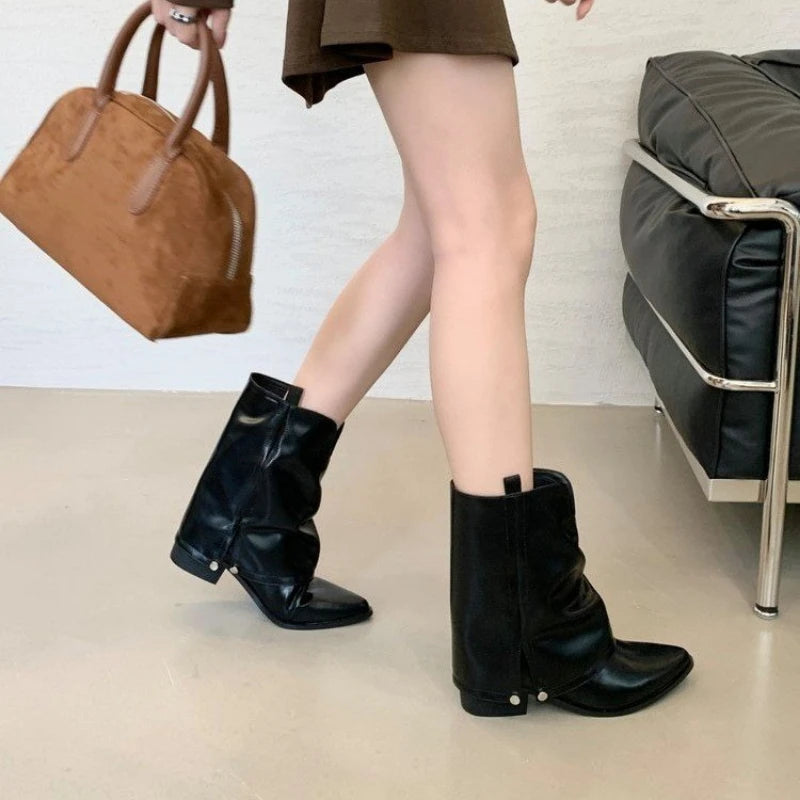2025 nuevas botas de vaquero del oeste para mujer, botas de cuero Vintage con punta estrecha y tacón grueso a media pantorrilla para mujer, botas de Otoño Invierno