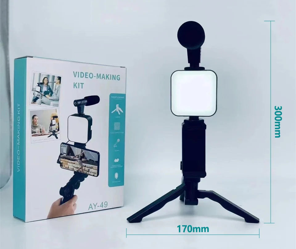 Kit de vlogging para teléfono inteligente con trípode, soporte para teléfono, Mini micrófono, luz de relleno LED, arrancador para TikTok, transmisión en vivo, vídeo, YouTube