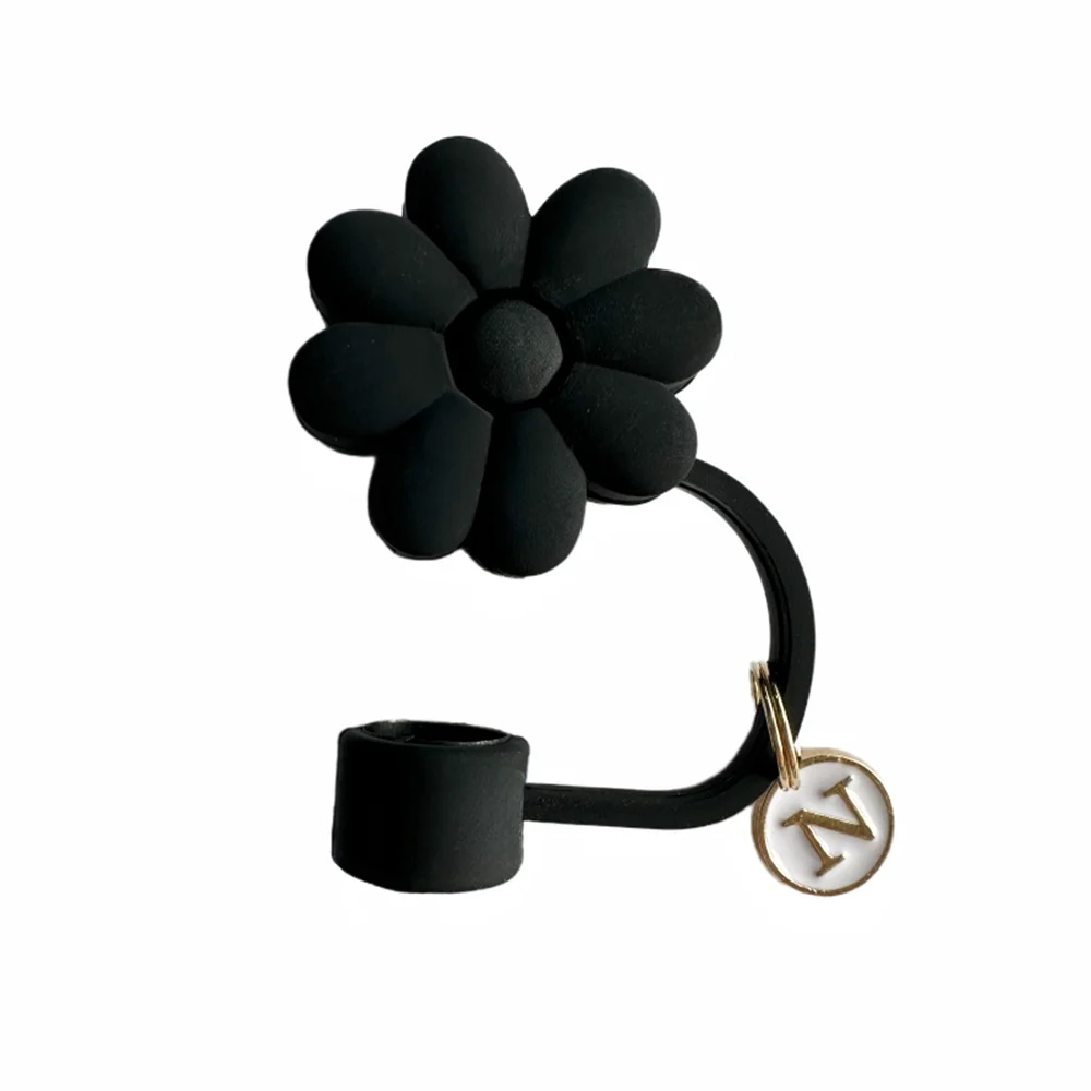 Tapas de Paja de Silicona con Diseño Floral - 26 Letras (Negro)
