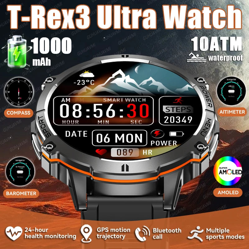 Nuevo reloj inteligente militar T-Rex3 con batería de 1000mAh para hombres, brújula GPS resistente al agua de 10ATM, pantalla AMOLED de 1,73 pulgadas, relojes inteligentes deportivos para llamadas