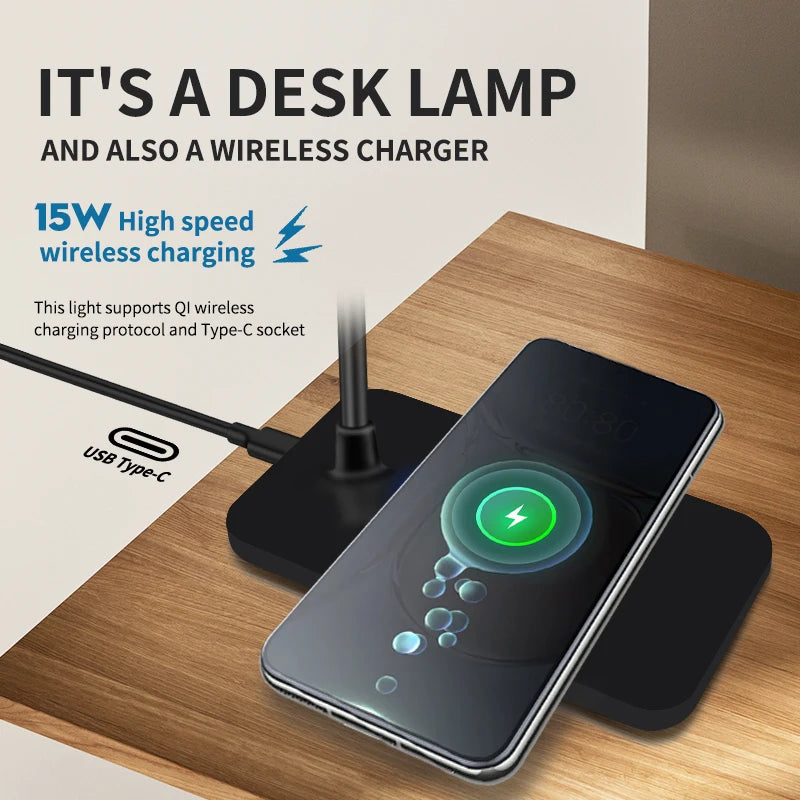 Lámpara de escritorio de lectura, lámpara LED de escritorio, enchufe USB, carga inalámbrica, teléfono móvil, protección ocular táctil, luz de mesa, iluminación de oficina en casa