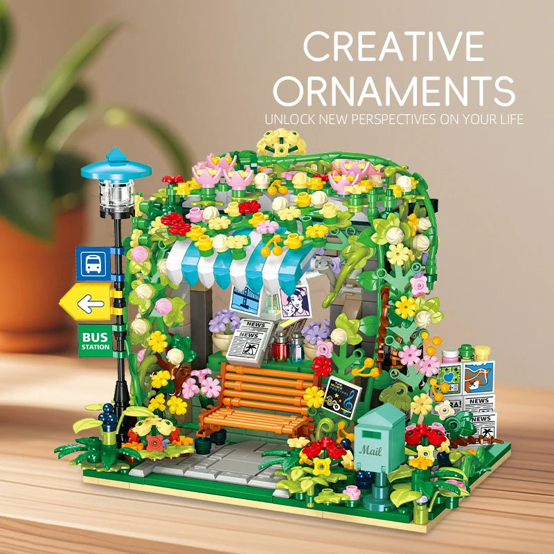 JJ9197 Bloques de Construcción de Parada de Autobús con Escena Urbana, Modelo MOC DIY, Decoración de Escritorio, Regalo Coleccionable para Adultos, Cumpleaños, Festividades