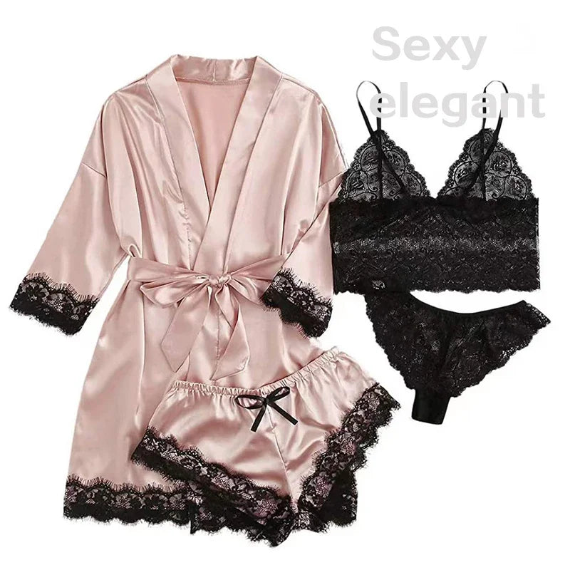 4 piezas ropa de dormir para mujer pijamas Ser con bata lencería de encaje Sexy Albornoz satén de seda ropa de dormir para el hogar bata