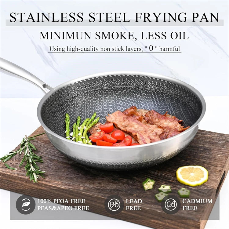 Sartén Wok de acero inoxidable 316, sartén Wok antiadherente de panal, sartén grande para freír con mango, Compatible con inducción JT560
