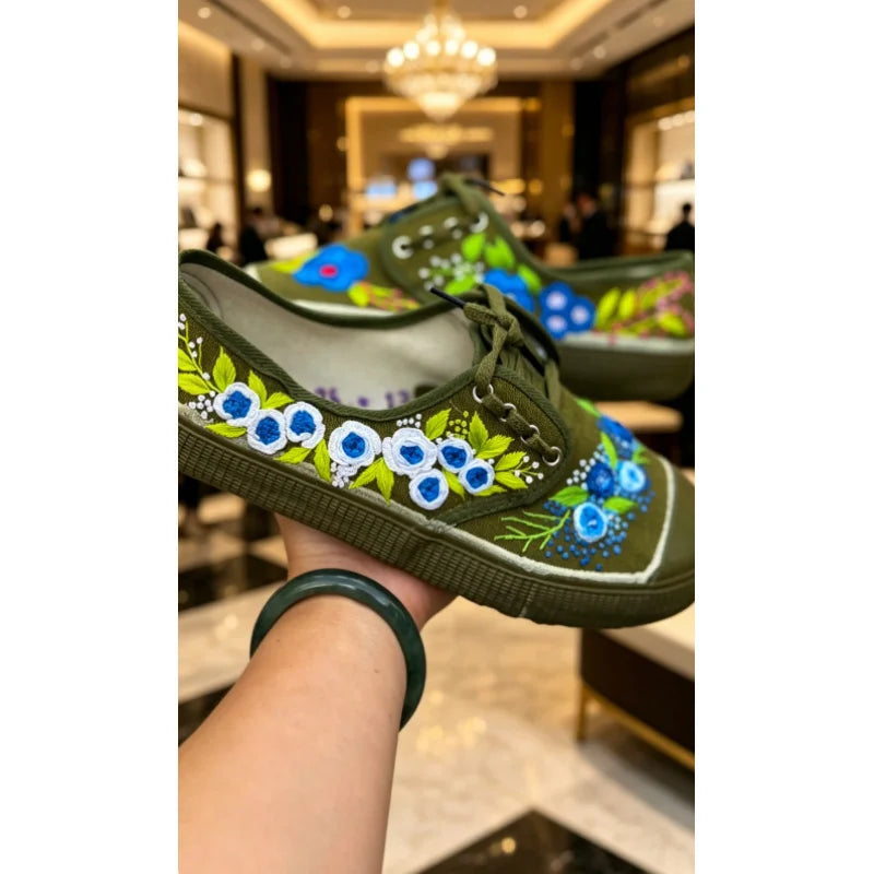 Zapatillas Deportivas Bordadas a Mano Personalizadas Heritage Liberation para Mujer, Color Verde Militar, Antideslizantes y Resistentes al Desgaste