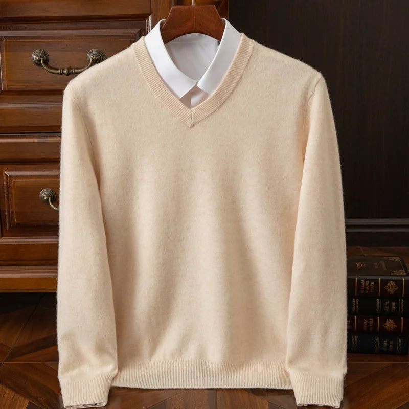 2025 suéter 100% de lana merina de Cachemira con cuello en V para hombre, jersey inteligente informal básico de manga larga, prendas de punto, Tops para Otoño e Invierno