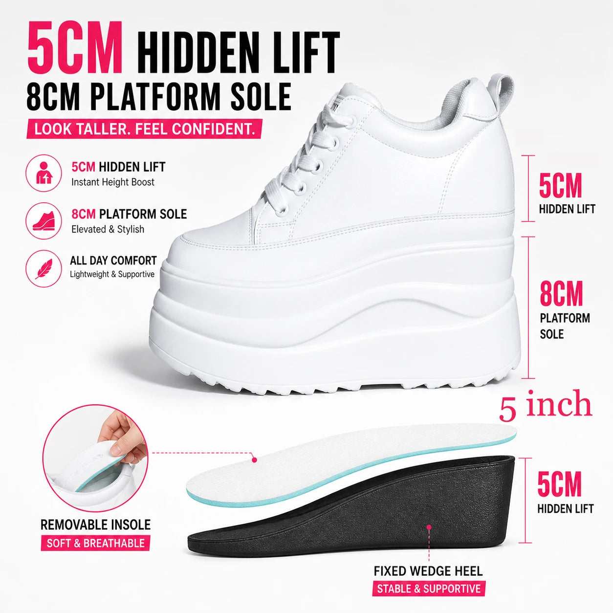 Zapatos deportivos Fujin con plataforma alta de 13 cm, zapatos planos con cuña, zapatillas gruesas, informales, cómodas, de alta gama, para caminar en otoño, 5 pulgadas