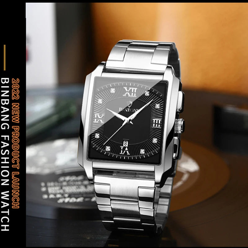 Reloj de Cuarzo Analógico de Lujo BINBOND para Hombre Esfera Cuadrada