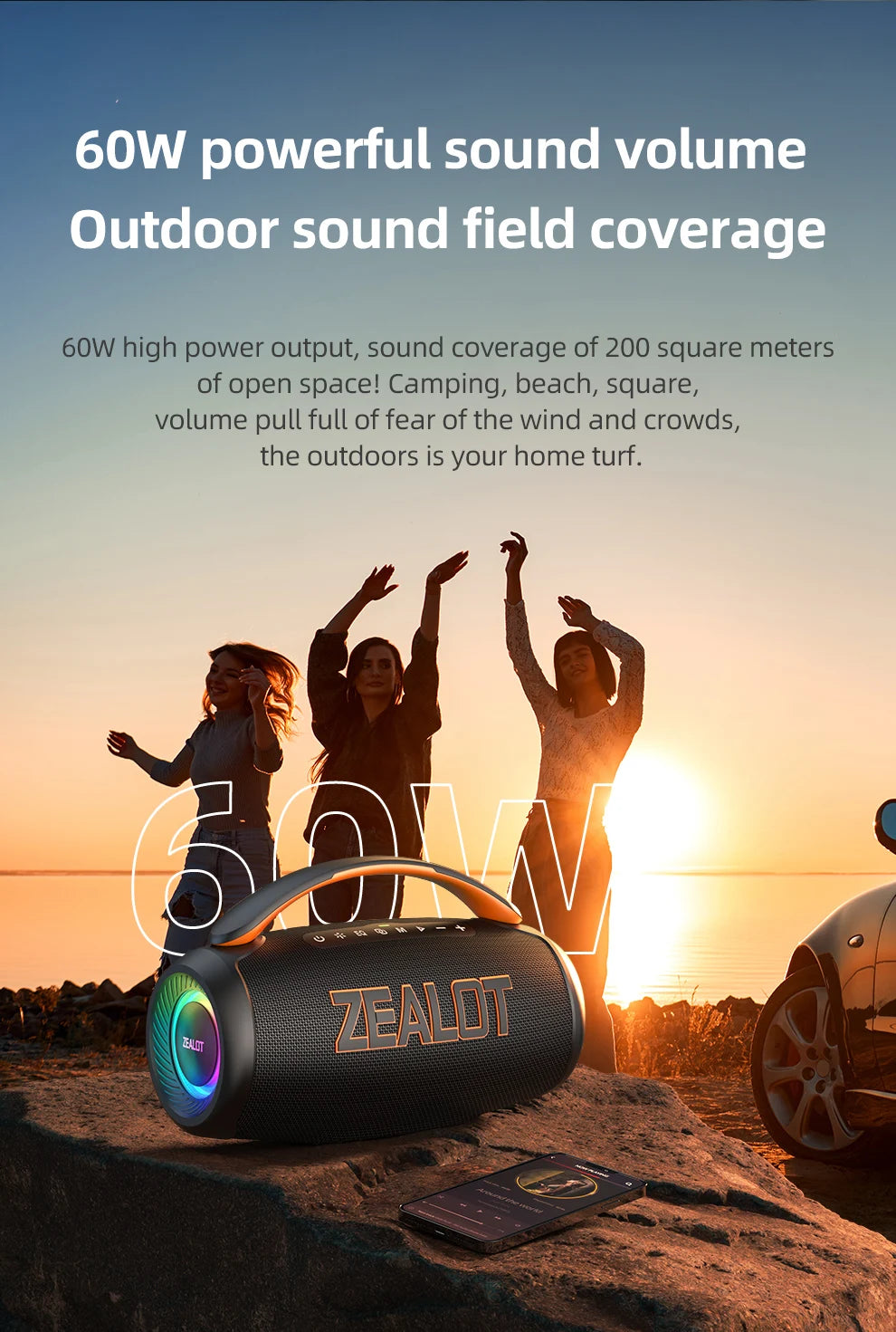 Altavoz Zealot-P12 Altavoz Bluetooth portátil de 60 W con IPX6 resistente al agua, mango cómodo, iluminación controlable, TF, USB