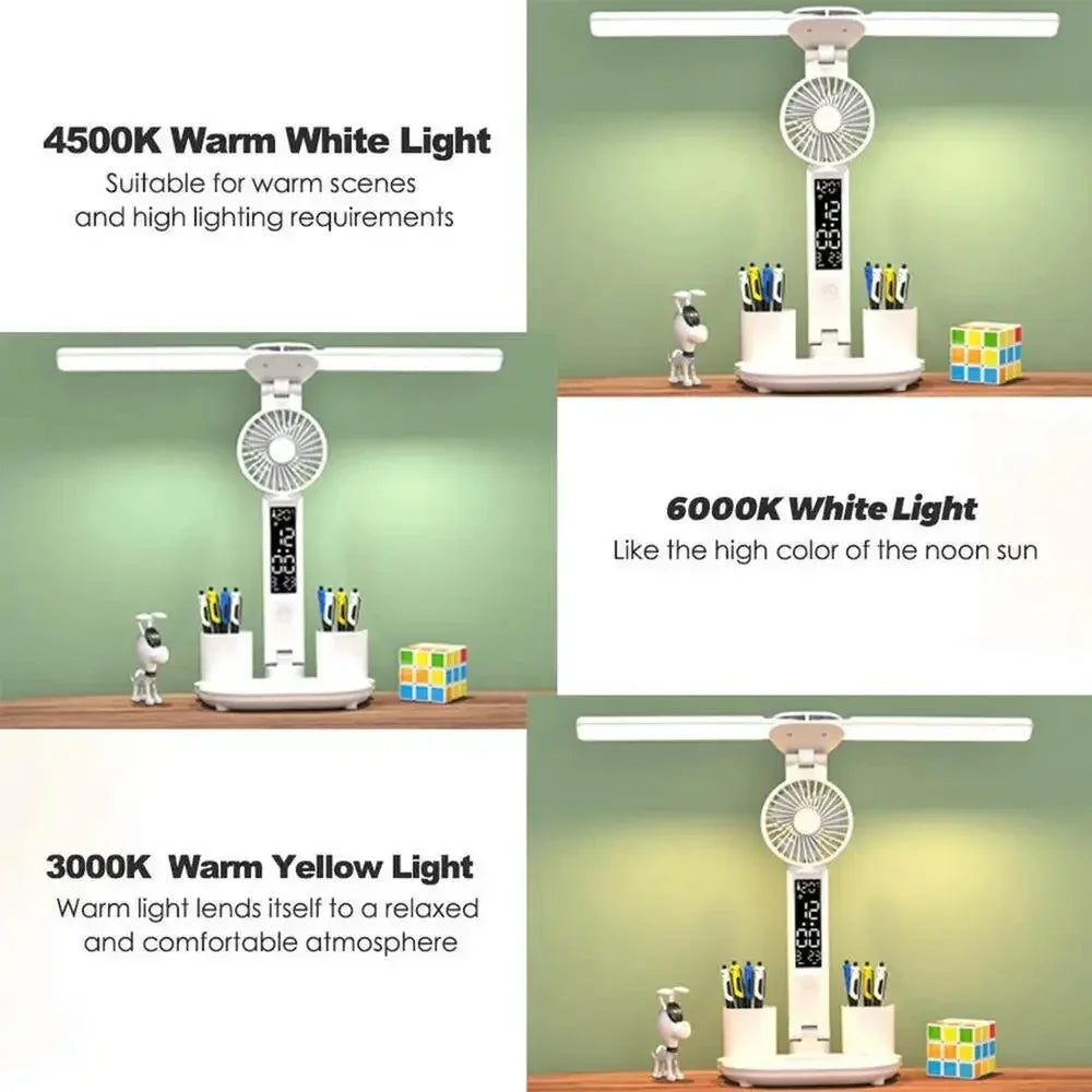 Lámpara de escritorio LED, lámpara de ventilador plegable portátil, reloj de pantalla inteligente, lámpara de escritorio recargable por USB, protección ocular, luz de escritorio de lectura para estudio