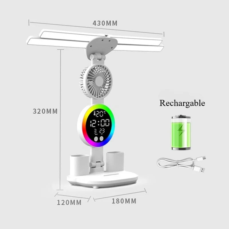 Lámpara de Mesa Recargable con Ventilador y Reloj LED