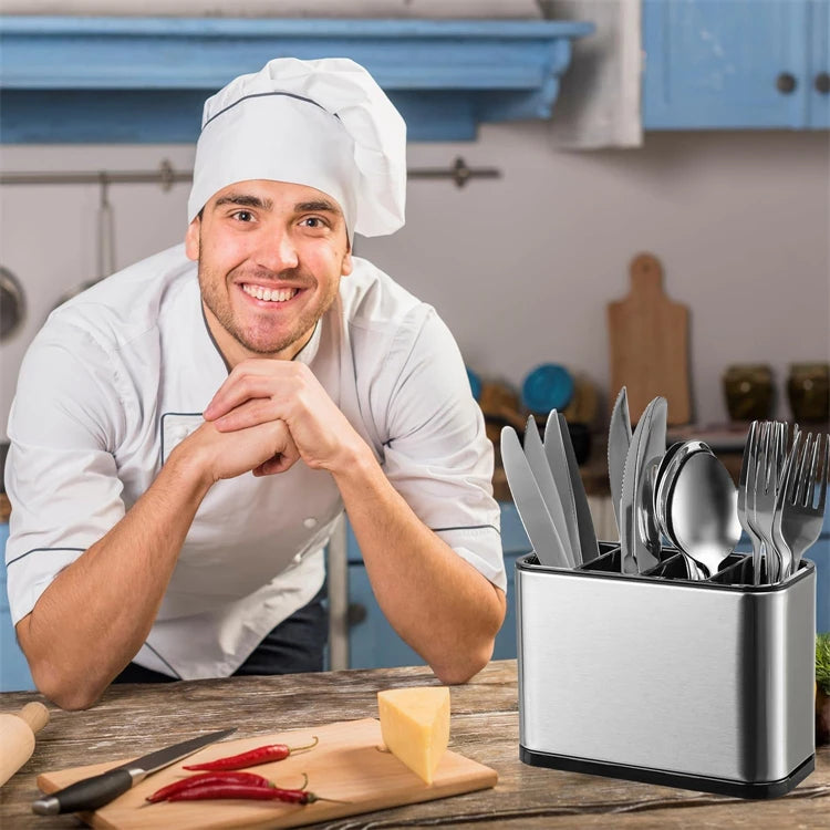 LMETJMA Organizador de cubiertos Caddy para cubiertos, estante de secado de utensilios de acero inoxidable, soporte para cubiertos con 4 compartimentos divididos
