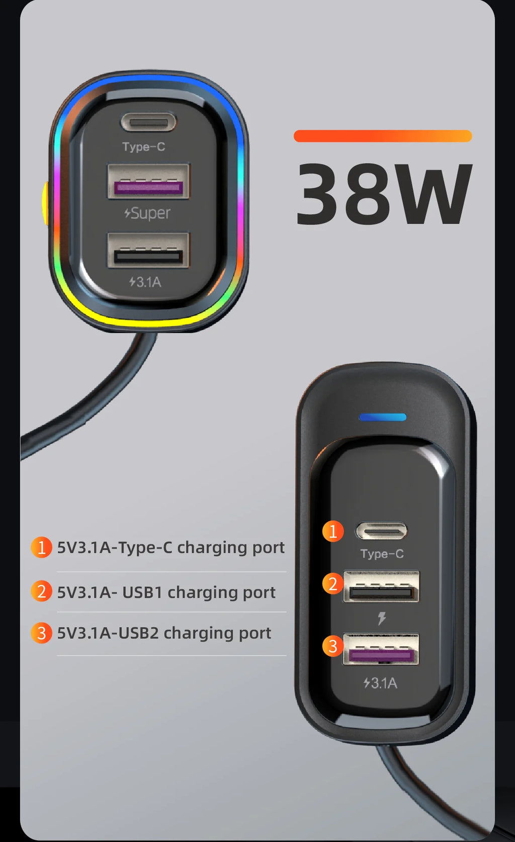 Cargador USB de 6 Puertos para Auto con Extensión para Asientos Traseros