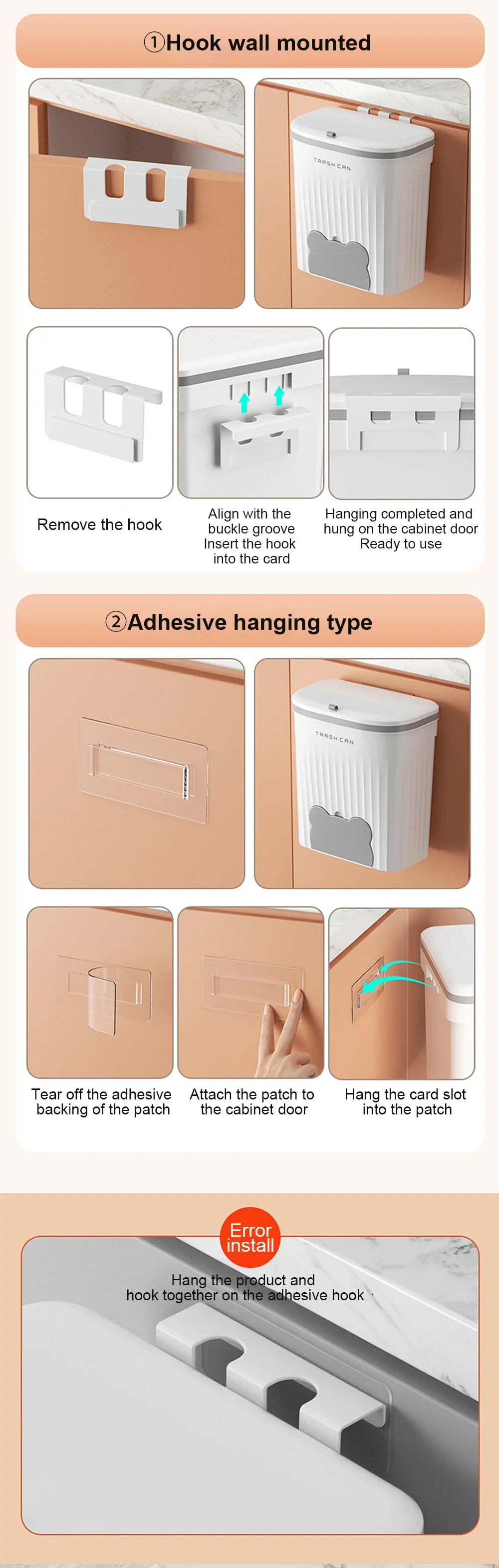 Cubo de basura de cocina 8,5/12L con tapa, montado en pared o encimera