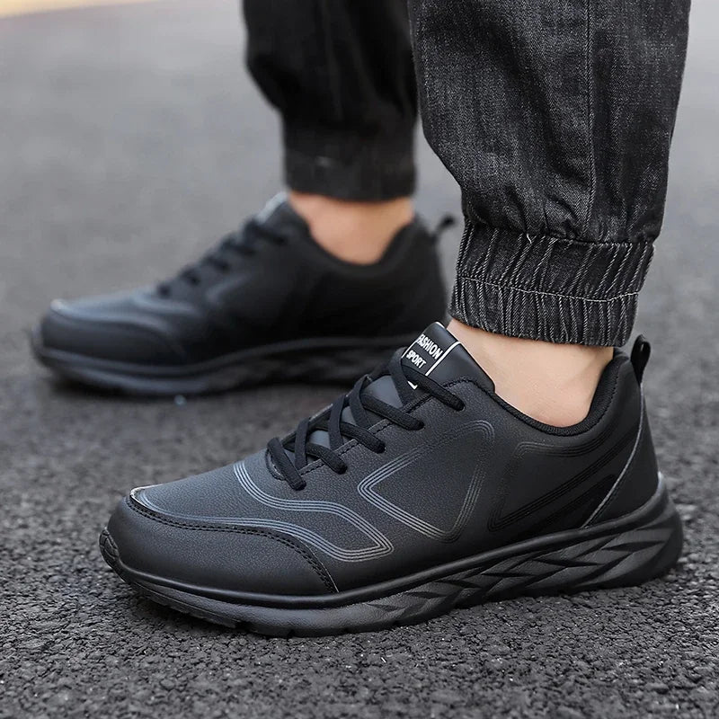 YRZL-Zapatillas deportivas impermeables de cuero para hombre, zapatos deportivos cómodos para caminar, resistentes al desgaste, color negro