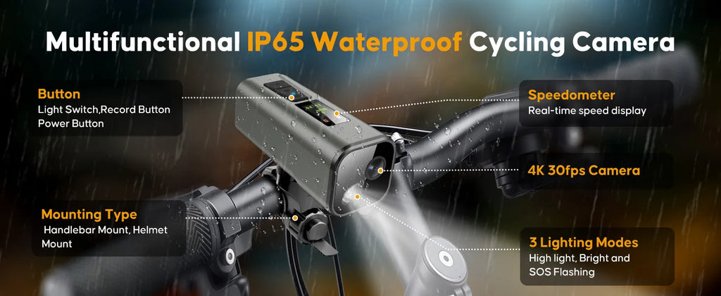 Cámara GPS 4K para bicicleta con faro, ordenador de ciclismo y velocímetro, acción deportiva DV, 64GB, Control por aplicación, resistente al agua IP65