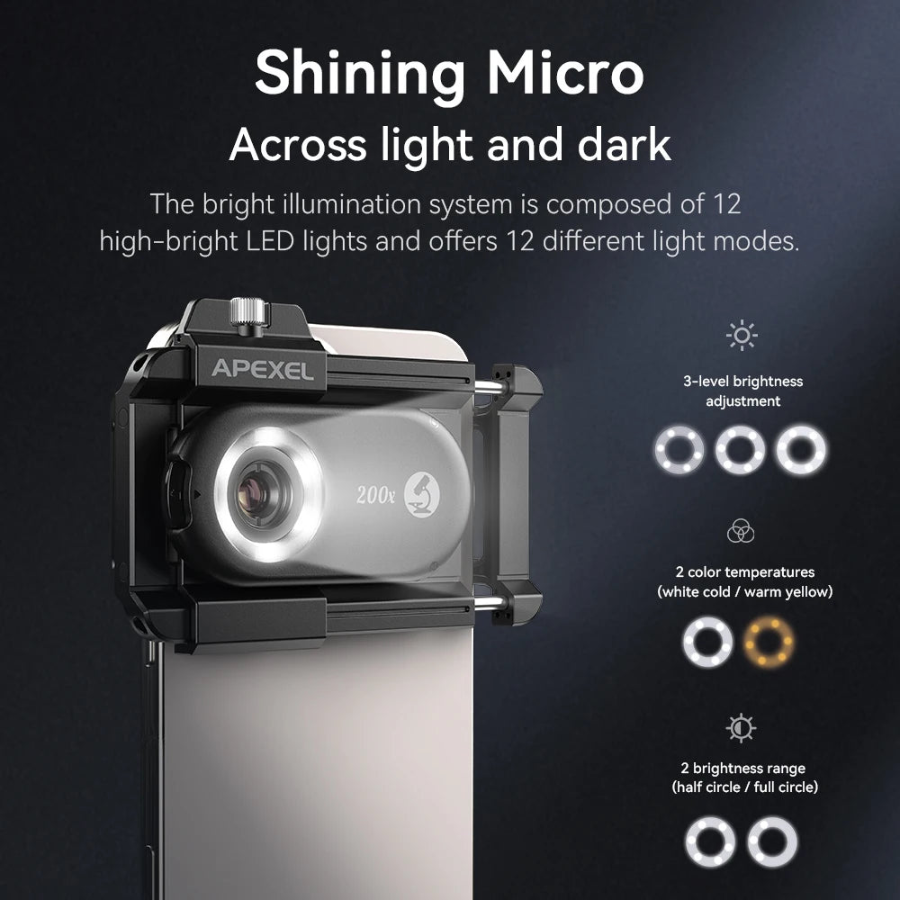 Lente Microscopio APEXEL 100X-200X 3en1 para Teléfono con LED