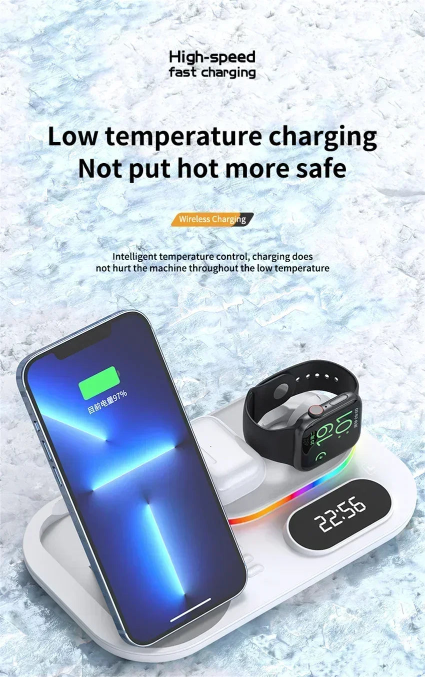 Base de Carga Inalámbrica 4 en 1, Estación de Carga Rápida de 15W para iPhone 12-17, Samsung Galaxy Watch, iWatch, Auriculares Xiaomi