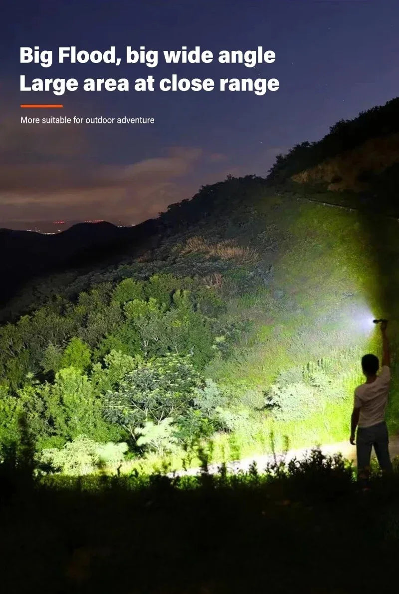 Linterna LED recargable, linterna con zoom de 10000LM, resistente al agua, 5 modos con pantalla LCD, carga para acampar, senderismo, emergencia