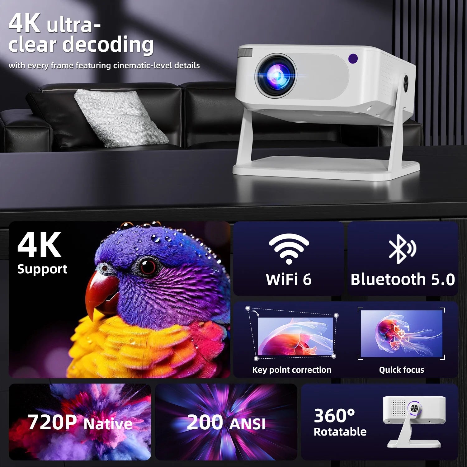Proyector Xnano HA109 4K Android 11 Wifi6 Dual 200ANSI Allwinner H723 BT5.0 720P 1280*720P Cine en Casa Proyector para Exteriores