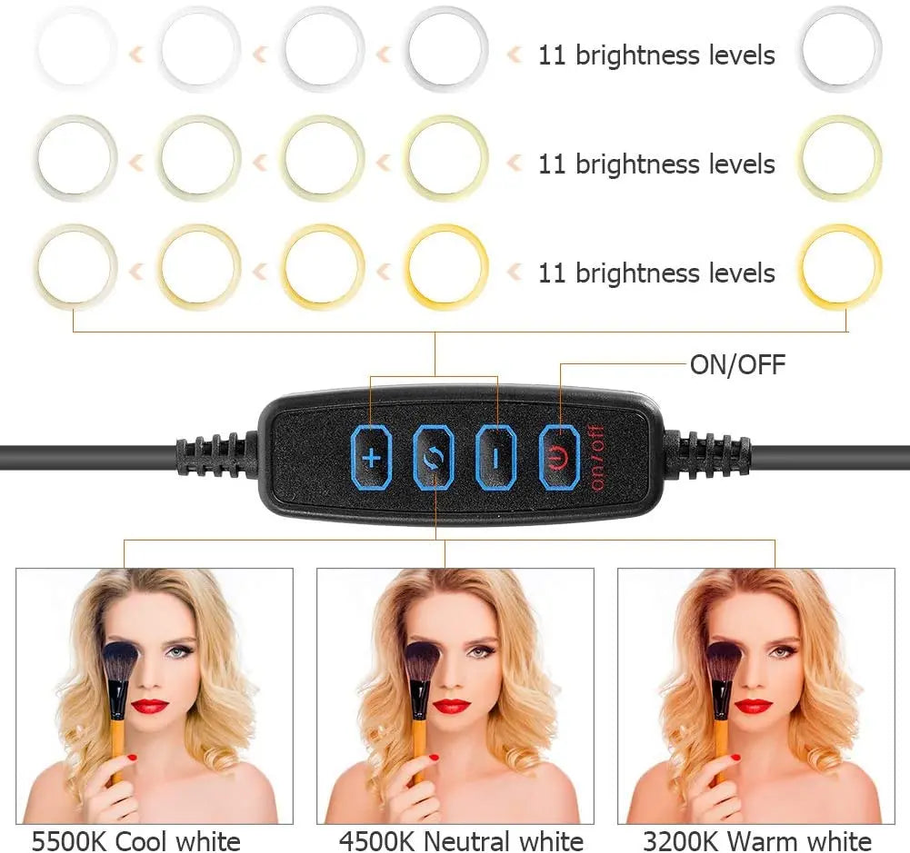 Anillo de luz LED para fotografía, 3 modos, anillo de luz regulable para Selfie con trípode y soporte para teléfono para vídeo TikTok, lámpara de relleno para maquillaje en vivo