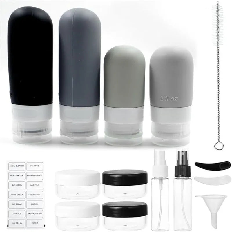 Juego de 17 Botellas de Viaje de Silicona, Envases de Aseo a Prueba de Fugas para Champú, Acondicionador, Cosméticos, Kit de Accesorios Recargables