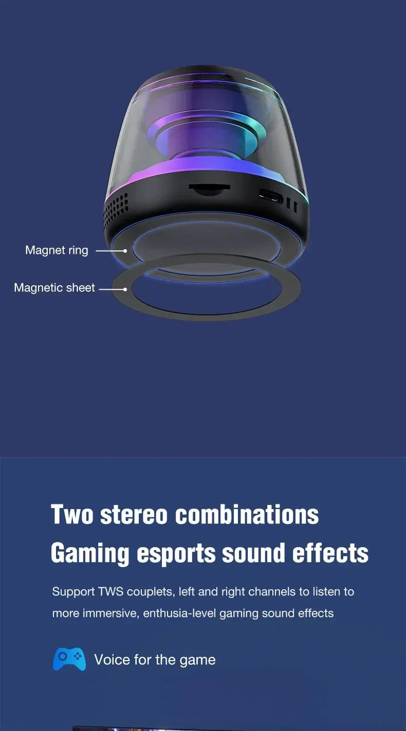 Altavoz para juegos con soporte magnético para teléfono inalámbrico: compatible con MagSafe y Android, resistente al agua IPX5, iluminación RGB, montaje en superficie metálica