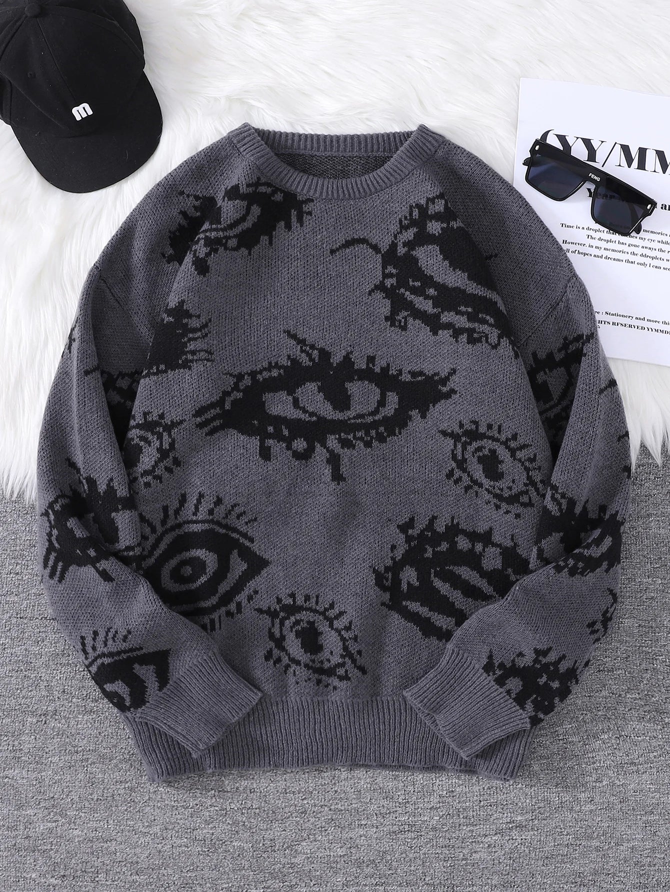 Nuevo Jersey Popular de otoño e invierno con diseño de Jacquard de ojos abstractos, suéter informal de punto con cuello redondo para hombre