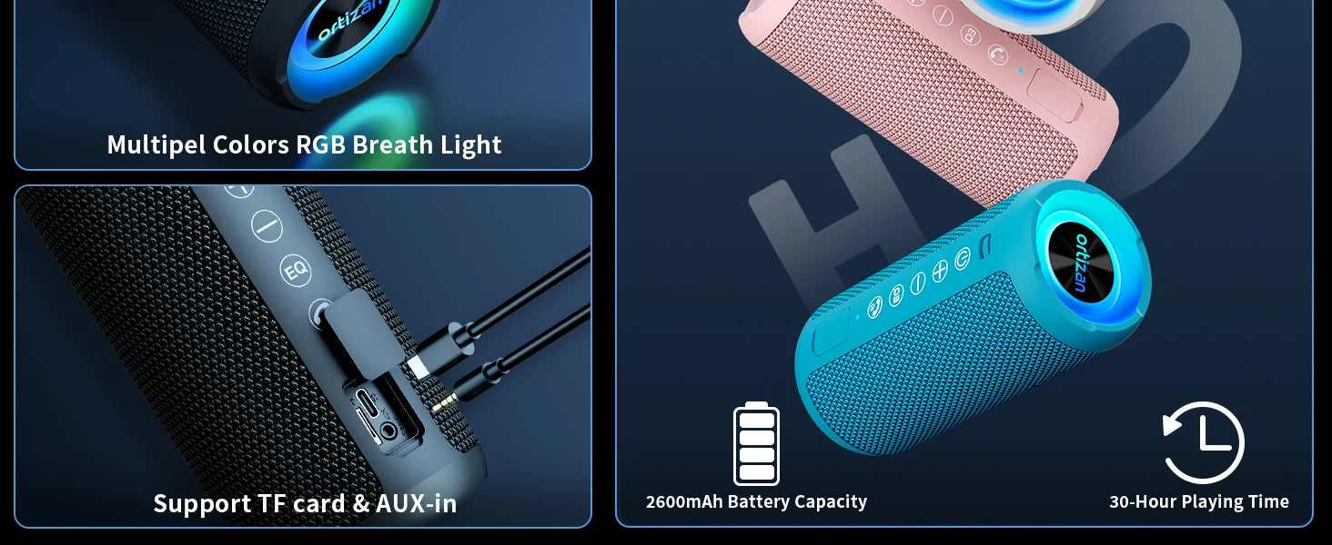 Altavoz Bluetooth Ortizan X10, altavoz portátil de graves mejorado con ranura para tarjeta TF, 30H de reproducción, altavoz resistente al agua IPX7 para acampar