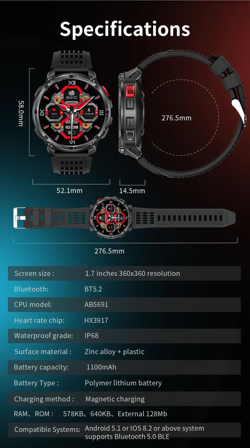 Reloj Inteligente HT33 con Linterna LED, Batería 1100mAh y Llamadas Bluetooth