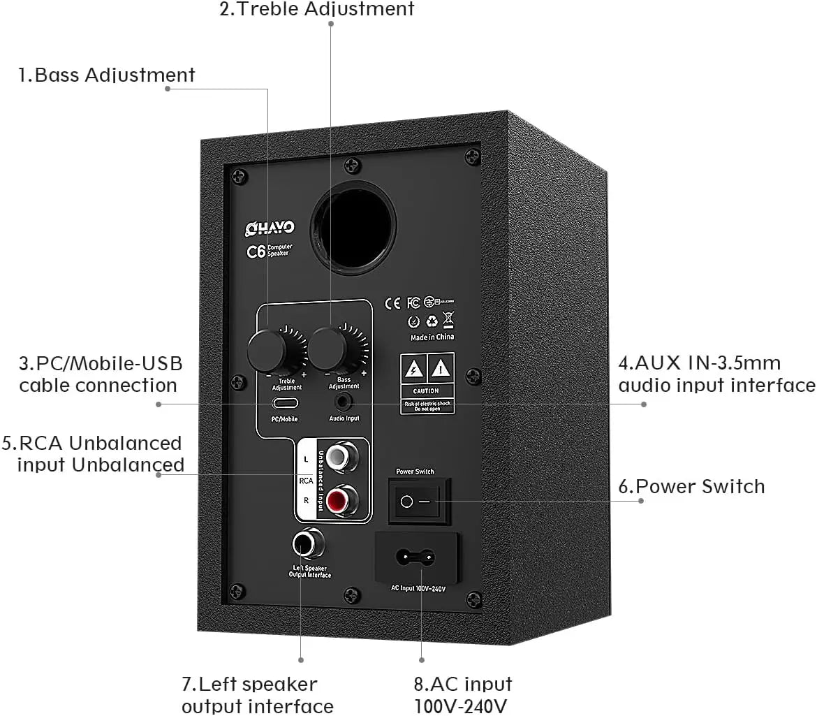 OHAYO Altavoces de Estantería Activos de 60W con Unidad de Fibra de Vidrio, Bluetooth 5.3 y Múltiples Entradas (USB/RCA/AUX) - para Juegos de PC Inmersivos