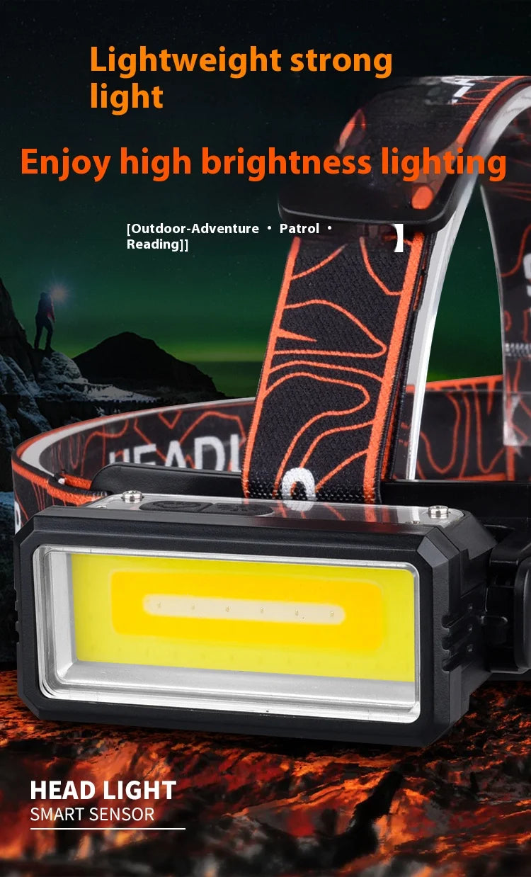 Linterna Frontal LED COB Recargable USB-C con Sensor para Camping