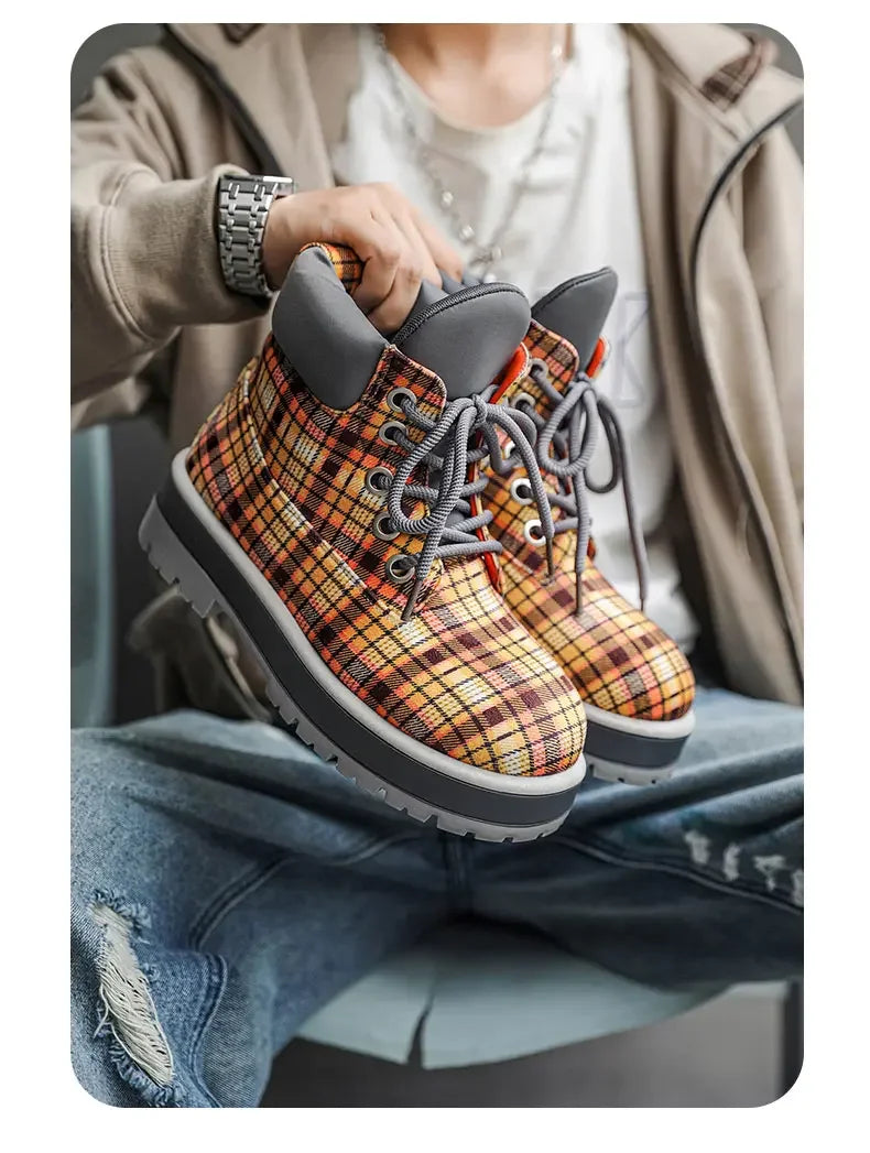 Botas de tobillo a cuadros para hombre con cordones y suela antideslizante