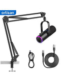 Micrófono XLR/USB para Podcast, Micrófono para Juegos con Botón de Silencio, Efectos de Reverberación, Cancelación de Ruido, Soporte de Brazo, Conector para Auriculares
