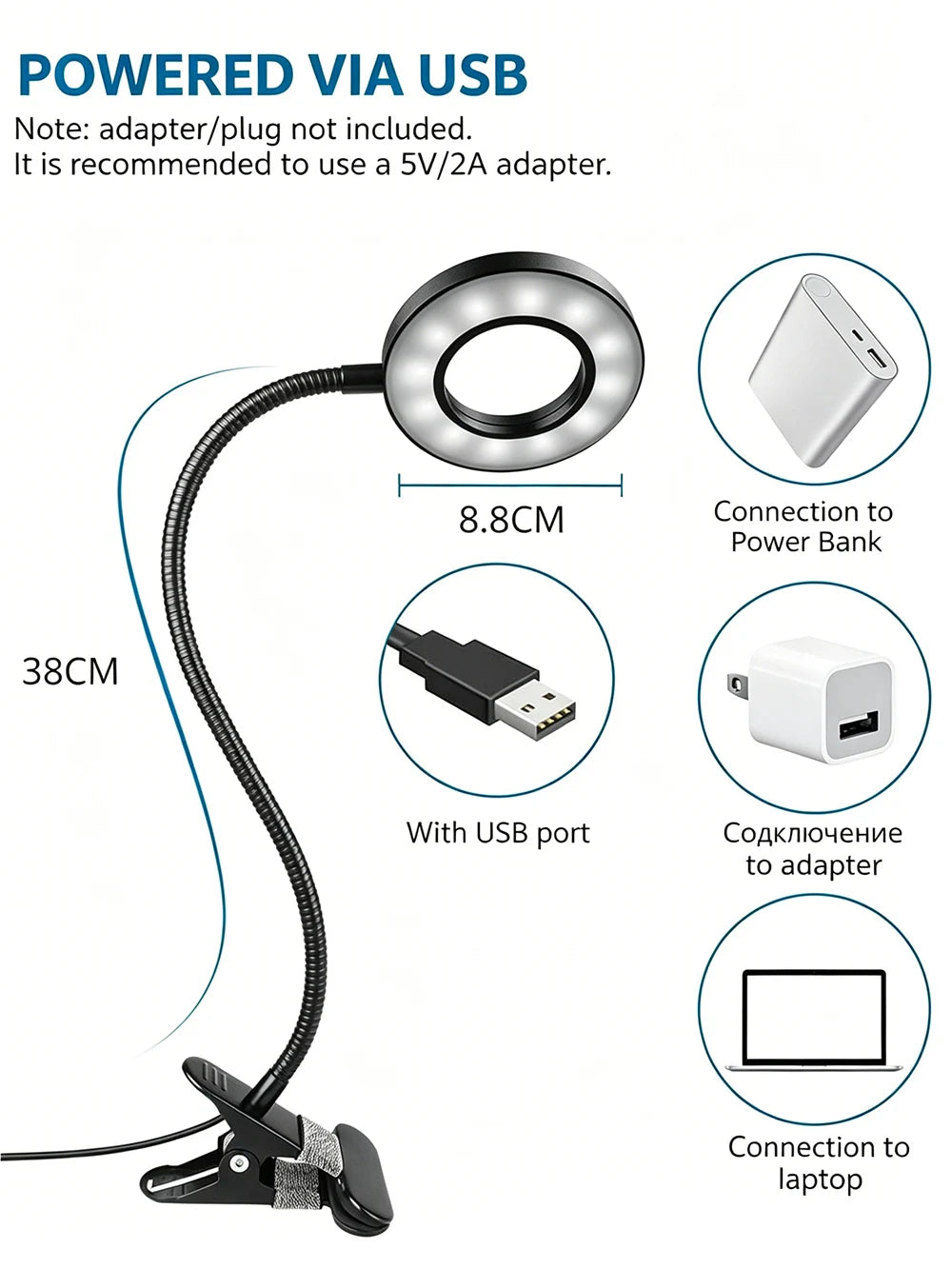 Lámpara de Escritorio con Clip LED USB para Lectura