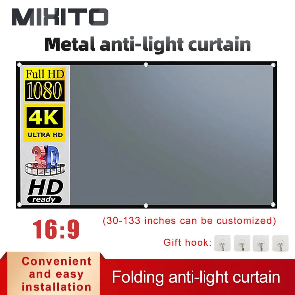 MIXITO borde negro con agujero 16:9 pantalla de proyección antiluz gris 30-133 pulgadas pantalla de proyector portátil para oficina y hogar al aire libre