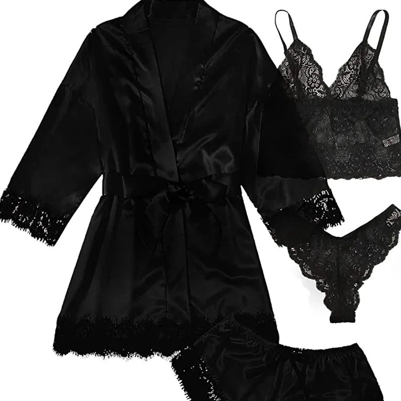 Conjunto de Pijama Sexy para Mujer 4 Piezas con Encaje