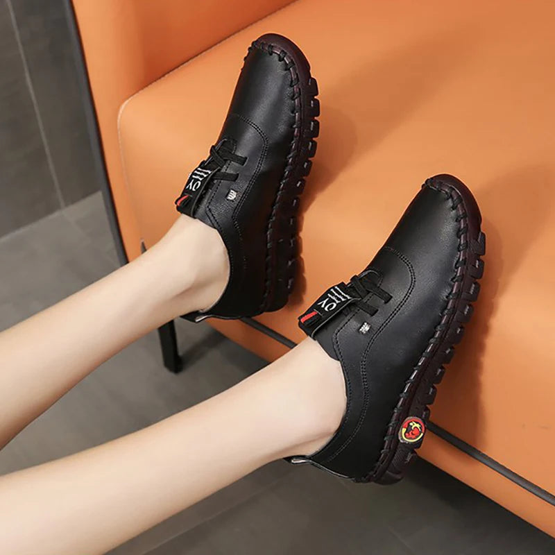 Zapatillas de deporte para Mujer, mocasines con cordones de cuero, planos, informales, cómodos, para mamá, para Mujer
