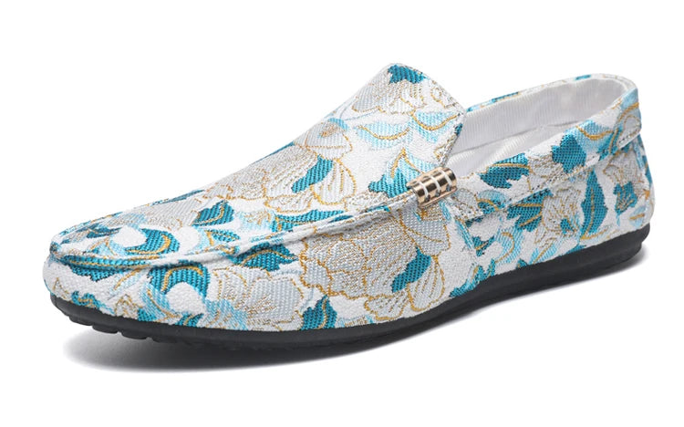 Zapatos Casuales Florales para Hombre | Estilo Mocasín Azul y Blanco