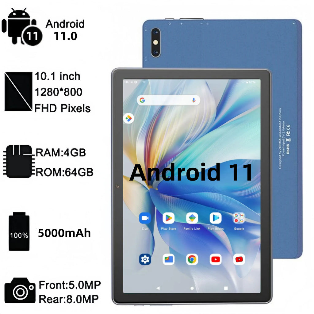 Tablet MX2 de 10.1 Pulgadas con Android 11, Procesador Allwinner A133 de 64 bits y Cuatro Núcleos a 1.6GHz, 4GB de RAM, 64GB de ROM, Cámara de 5MP+8MP, Batería de 5000mAh y Tipo-C